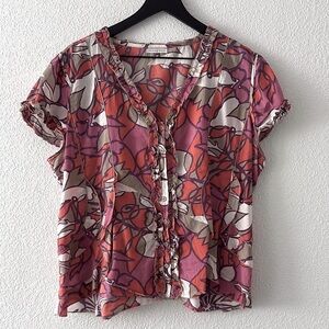 Patrice Breal Floral Ruffle Trim Blouse - Pink and Red - XL